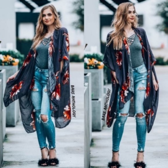 bohemian floral print open front kimono cover up - Picture 7 of 8